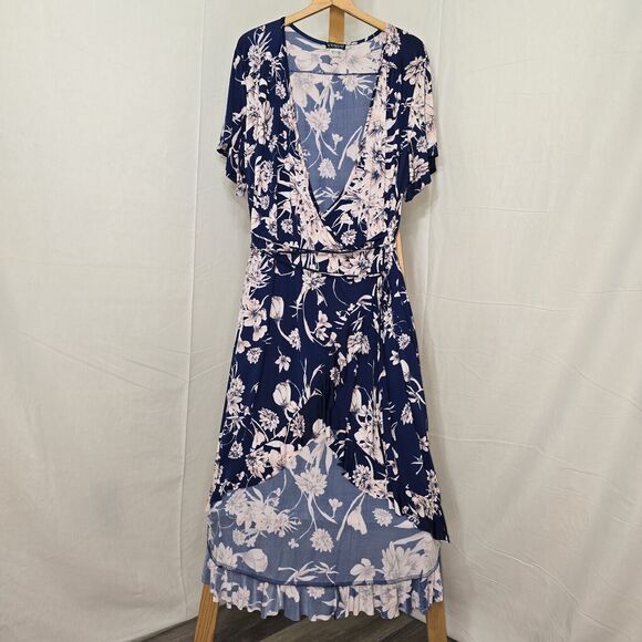 Dresses & Skirts - Venus Womens Blue Pink Floral Wrap Dress Size 2X V Neck Short Sleeve Ruffled Hem